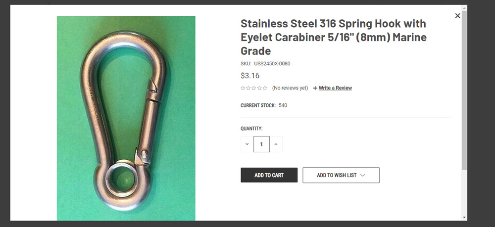 Stainless Steel 316 Spring Hook with Eyelet Carabiner 3/8" 9mm Marine Grade 