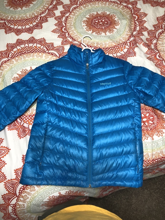 Women’s blue Marmot down jacket for sale