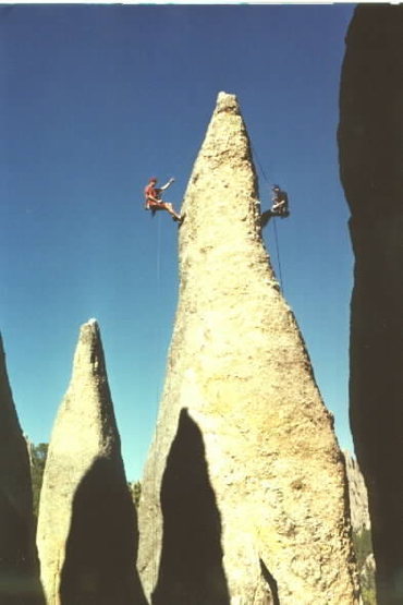 The Famous Needles Rappel.<br>
Chad Berger and John Wachter on the rope. Photo by the ChossMonkey