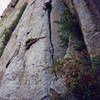 The offwidth start to BHV with the traverse ledge just above, the climbing is actually a lot cleaner than the photo indicates.
