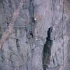 Clean Dan Grandusky following the crux pitch of Cary Granite on the first ascent in 1990.  Photo credit: Phyllis Cameron
