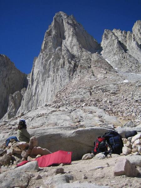 Camp at Iceberg Lake. Moutaineers route is up the gully. East Buttress route is the obvious shadow line.