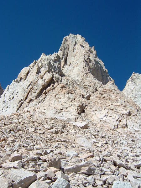 Good photo of the East Face and East Buttress routes on Mt. Whitney.