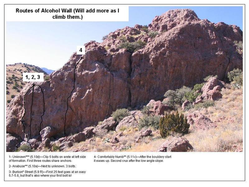 Photo overview of routes on Alcohol wall. Will add more as I climb them or receive beta from others!