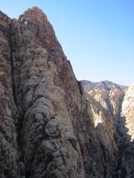 The big view of Epi. The climb pretty much ascends 2/3 of the way up the varnished wall, just right of the big white buttress, and finishes on that ramp sloping up and right.