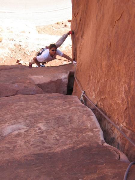 Jon Tashkin following the first pitch. He's just passed the crux portion.