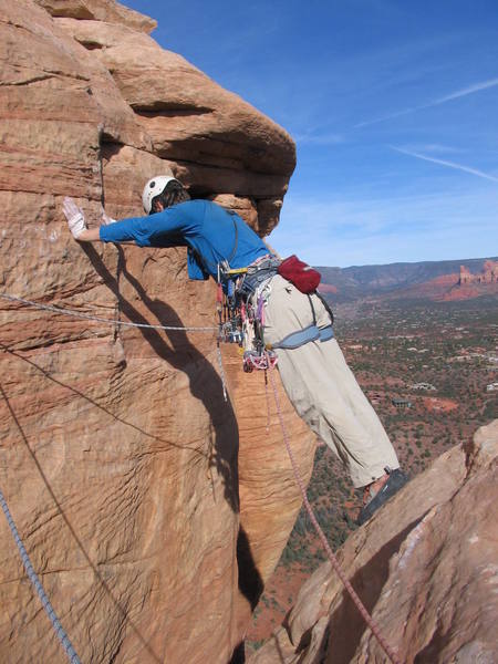 The awsome step across move on last pitch of Regular Route. This makes the route unforgettable!