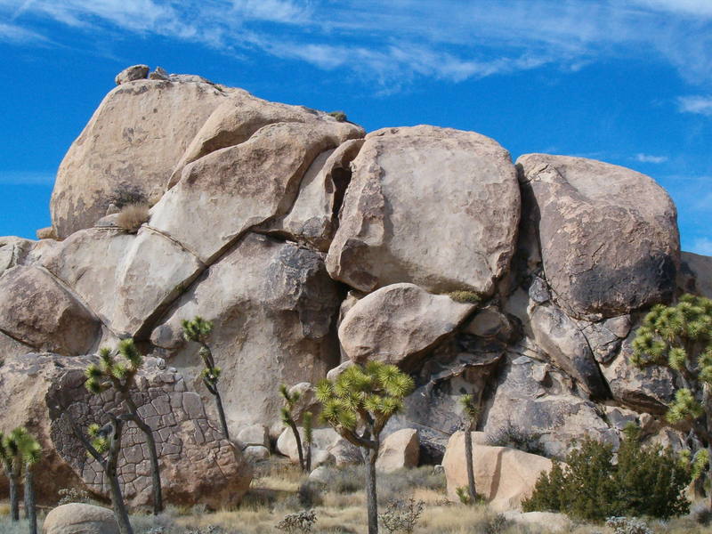 Southeast face of The Crypt with the Illicit Sweetie Boulder visible at lower left, Joshua Tree NP
