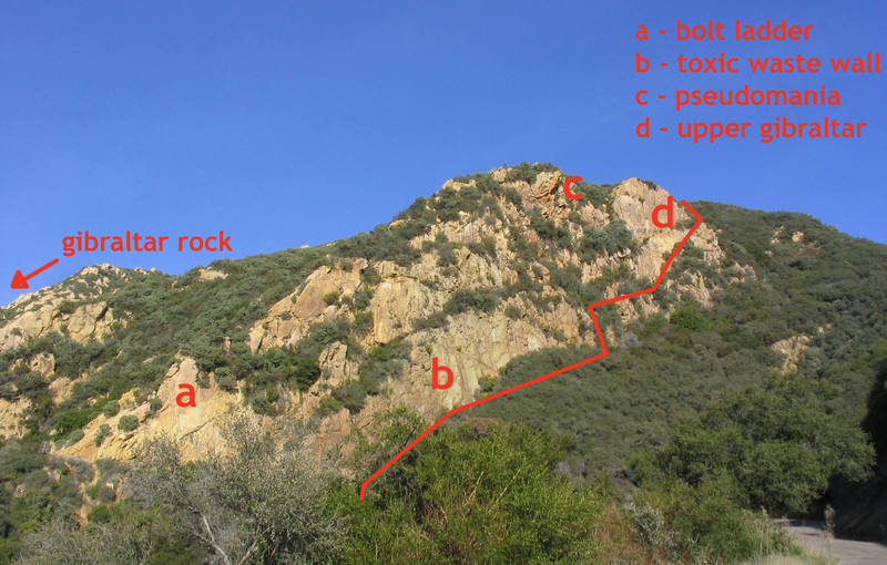 Some of the lesser (or better..?) crags around the main Gibraltar rock. The trail shown involves some scrambling at times and takes you to the top of the Upper Gibraltar anchors.