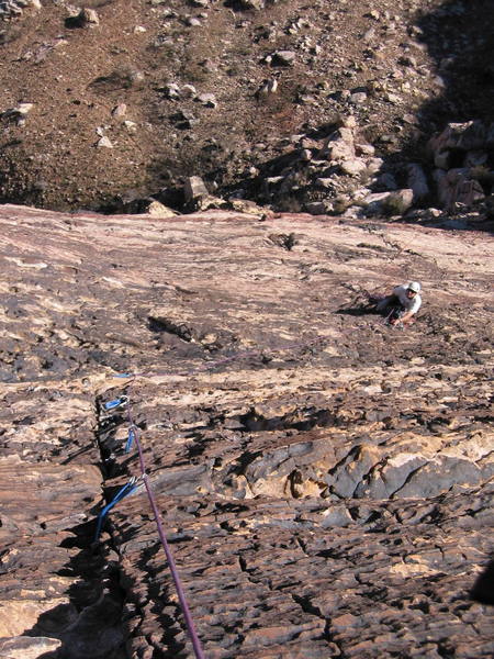 Looking back at Jon Hanlon at P4 belay of Birdland.