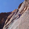Mike Morley traverses out left on P3 of Birdland.