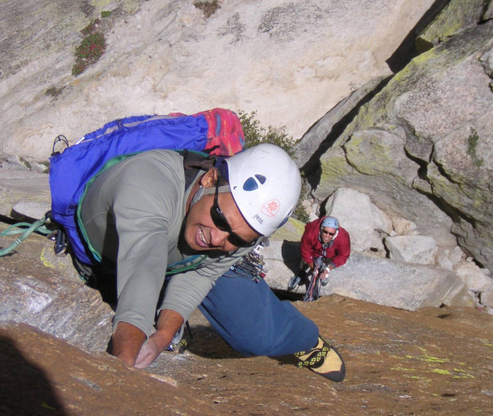 I loved the Needles of the <br>
Southern Sierra. The route is Don Juan Wall 11b, this shot was taken by a hard woman just before my manly fall.