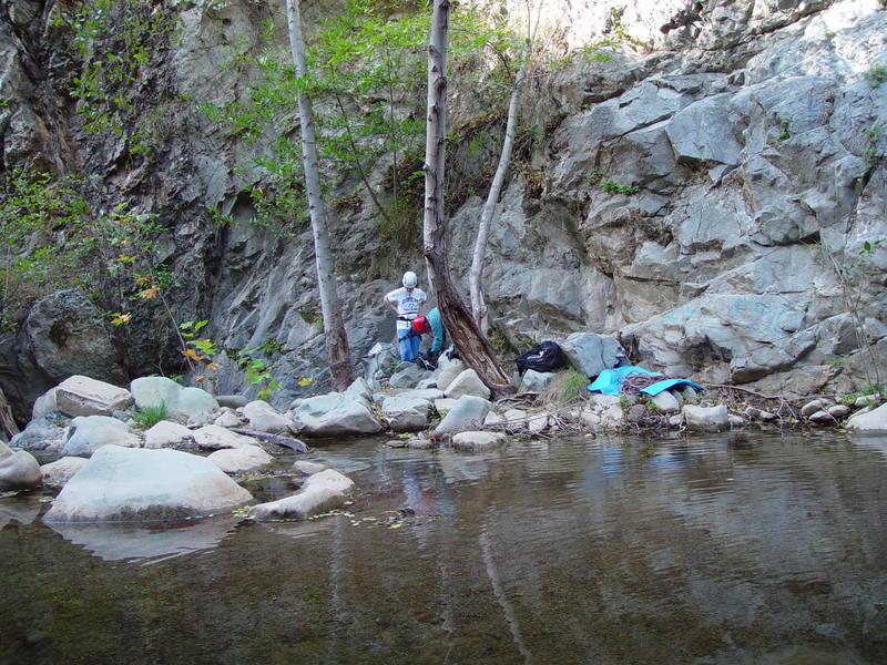 <em>South of the Trout Farm</em> on the day after Thanksgiving, 2005. The route is above the rope. The first clip is just outside the top of the frame. Photo by Ashley Blanchard.