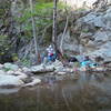 <em>South of the Trout Farm</em> on the day after Thanksgiving, 2005. The route is above the rope. The first clip is just outside the top of the frame. Photo by Ashley Blanchard.