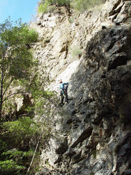 Perin Blanchard just before the crux on <em>South of the Trout Farm</em>. Photo by Ashley Blanchard.