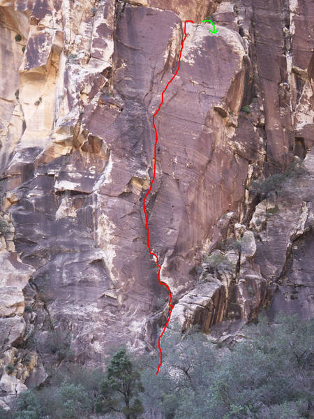 Greased Lightning climbs incipient cracks to a nice grassy ledge. Rappel with 2 ropes.