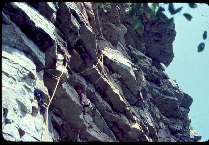 My brother Paul at the rest before the crux. We're climbing on a 300' piece of 9mm rope, folded in half, that he got off a spool somewhere. What a deal.