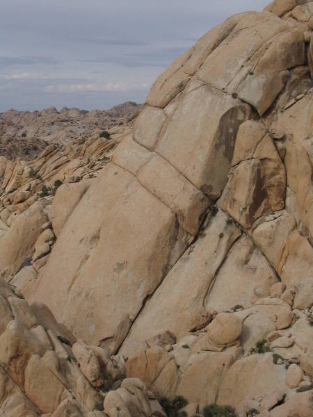 Photo from the top of Cerro Torre showing the entire route. Note the first pitch ends at the "hole"!