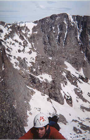 Looking north from the top of Sharkstooth in RMNP.<br>
<br>
Andrew Speers topping out the last pitch.
