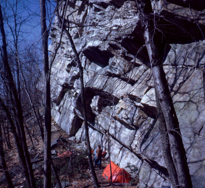 Camping in the nears. My brother Paul's extremely cheap tent is directly below Crass, just left of Kansas City. We also camped at the Uberfall in those days, or on top of the Nears, near the top of Gelsa.