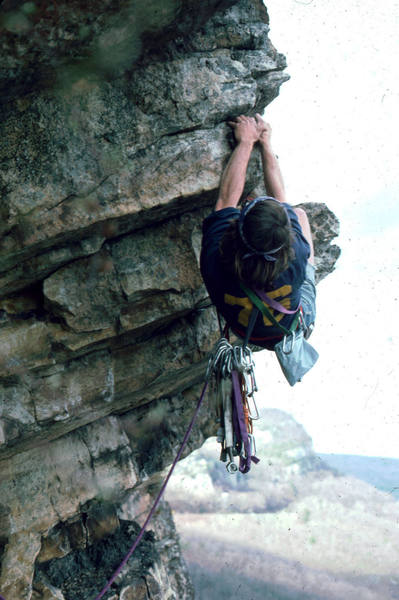 Me on Zachariah, a wild and little-climbed 8 in the Nears. There may or may not be gear near the lip. If not, this looks like a death fall.
