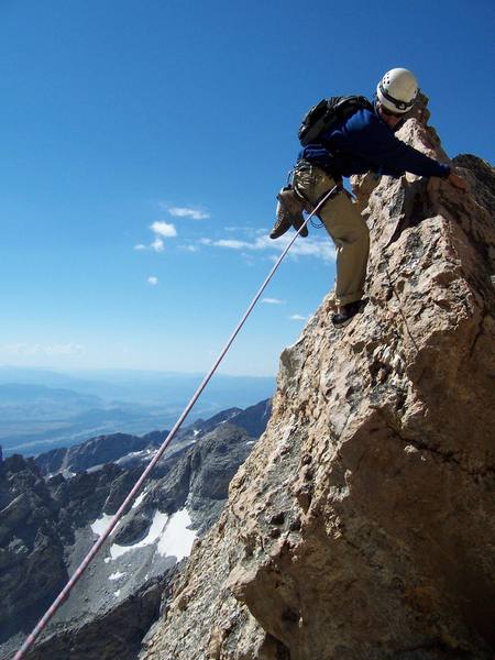 Kelby Fisher on one of the most classic pitches anywhere, which combines two of the craziest features of the route: the "window" and this awesome hand traverse.
