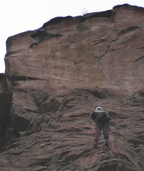 Pulling the crux (the "van dam" move, according to my buddy JB) on the fourth pitch headwall of Suntoucher.