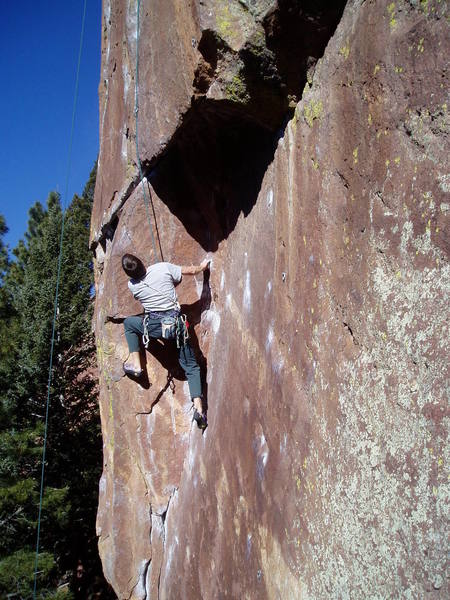An unknown (but well-known--I just forgot his name) climber starting the lengthy crux section.