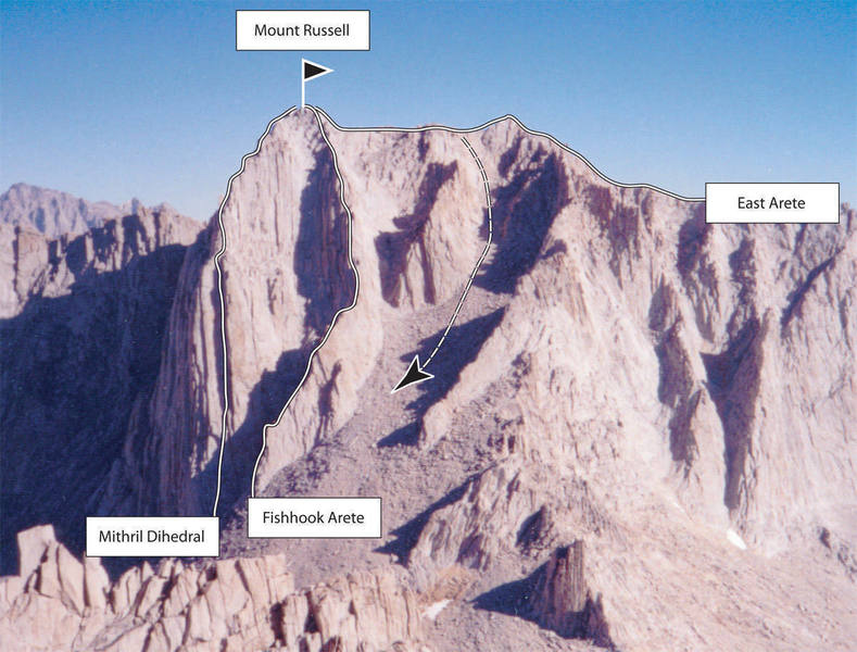 Routes on Mount Russell - with descent for Mithril and Fishhook.