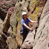 Kathy, on Calypso, note sling on flake,<br>
This flake fell off last yr. 2005, this was climbed thousands of times, so you never know, luckily no one was on the route, think I was the 1st to do the route after it fell off.