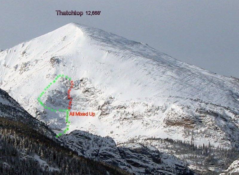 Normal descent is shown in green. There can be potential avalanche danger getting to the base of the route, between the two tiers, and at the top of the last pitch. Buyer beware!