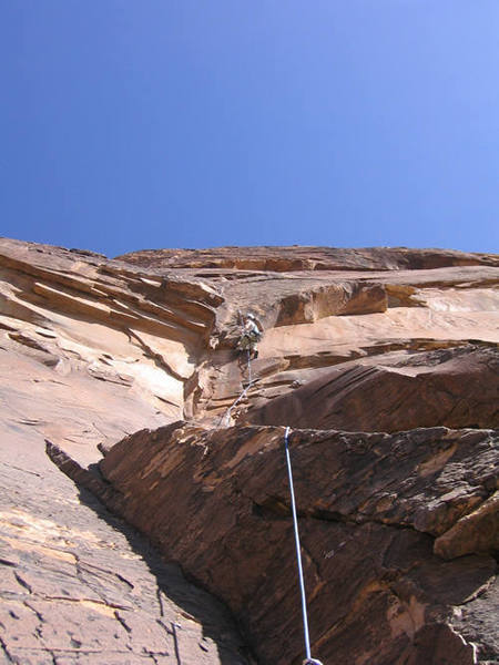 Checking out the crux on the gorgeous second pitch.