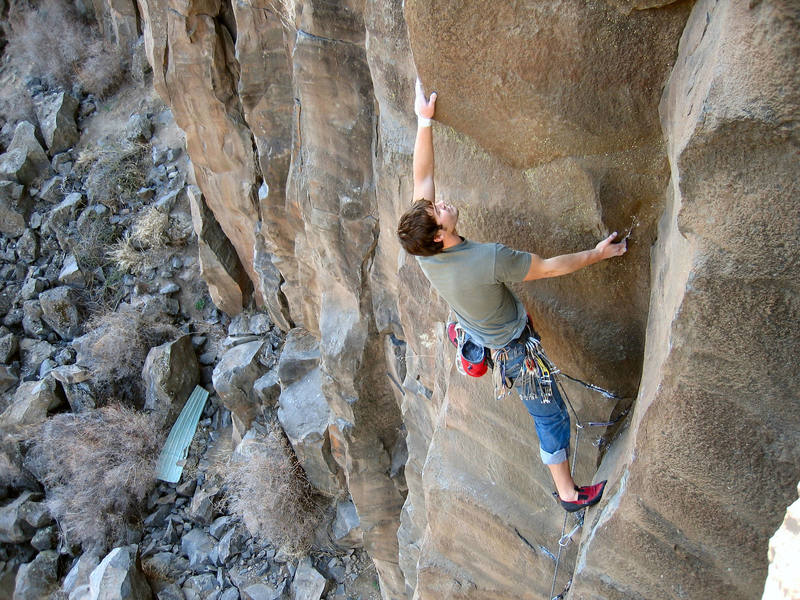 Sam Mackey moves through thin moves over thin protection.