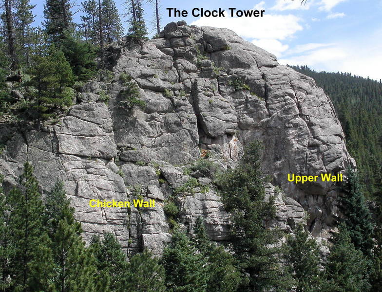 The Clock Tower.<br>
<br>
Chicken Wall is on the lower left; Upper Wall is uphill to the right.<br>
<br>
Morning shade makes this a great hot-weather destination.