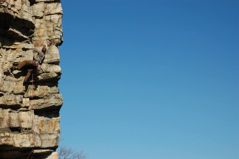 Mike at the crux. The pins are behind his waist.