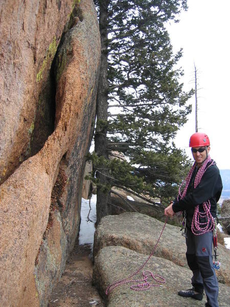 Our landing from the rappel. The climbing tree is to Derrill's left.