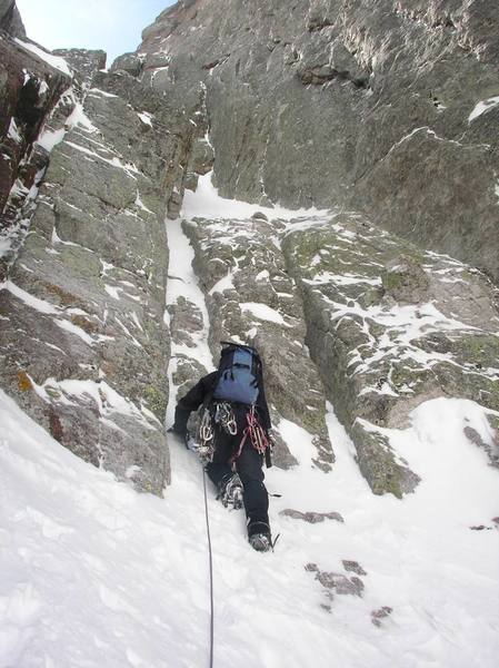 Eric starting up the third pitch of The Hourglass Couloir on 4/8/06.