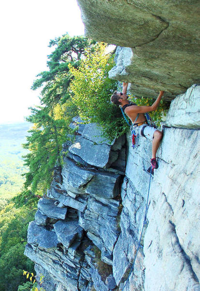 Derek underneath the first crux roof on Shockley's Ceiling (5.7)<br>
<br>
A cropped version of a photo submitted by Denis O'Connor.