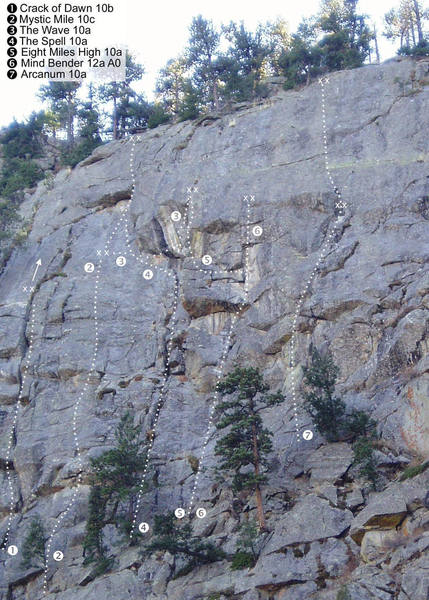 Sleeping Beauty, Main Wall.<br>
<br>
Original photo by Ivan Rezucha. Modified to show correct location of anchor on Mystic Mile and correct line for The Wave.