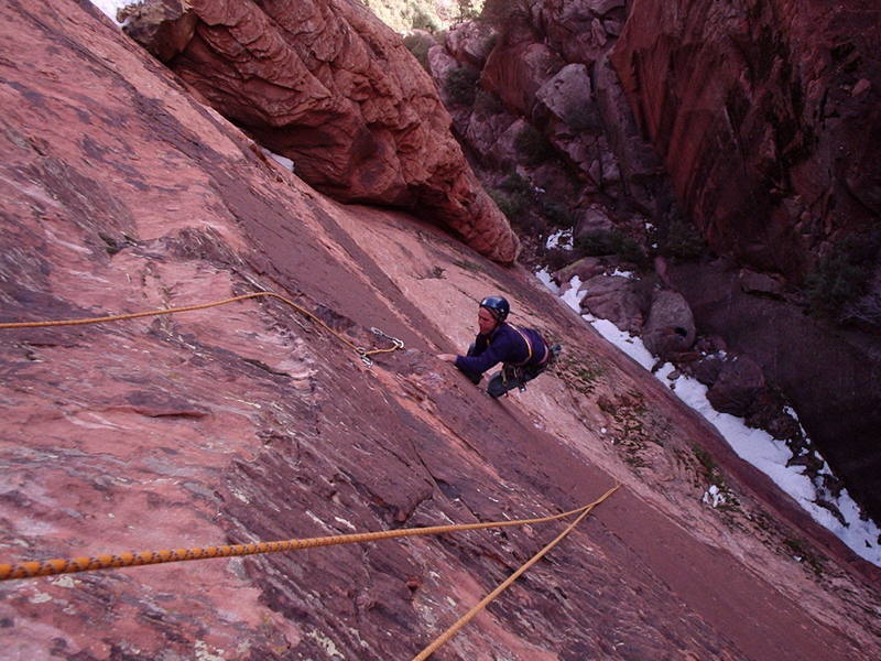Pitch 2, final crux moves<br>
<br>
climber: Jeff Davis