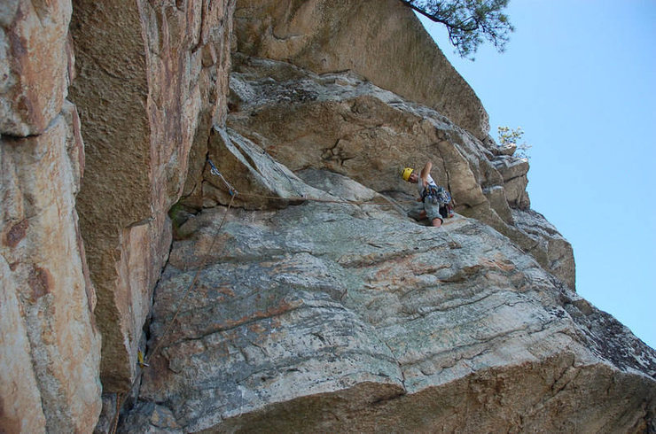 The traverse after the crux (unless you head up early, in which case the crux is still to come).