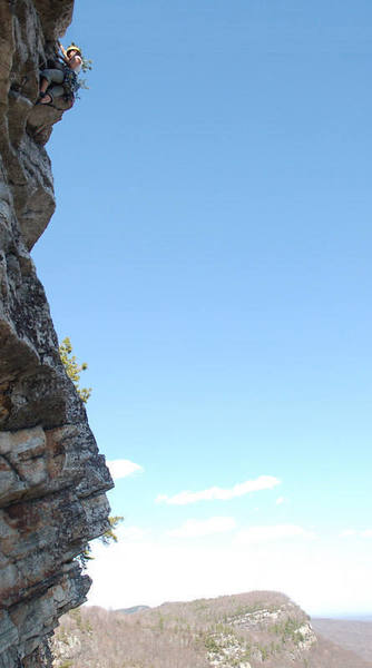 We thought she was on the standard route at the time, but the lichen on the face above the roof (and the 5.7 climbing) convinced us we made a wrong turn.