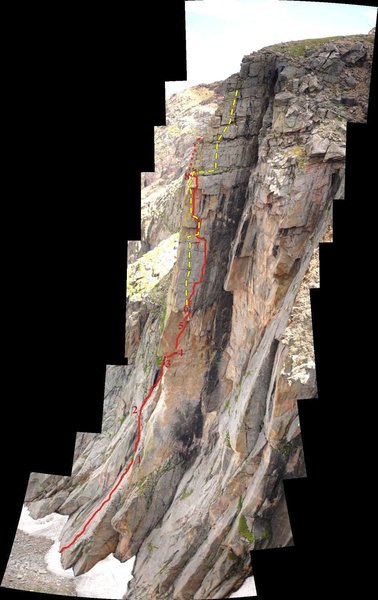 Roofer Madness shown in red (I need to modify this above pitch 6).  I edited the upper part of the route in yellow after rappelling it last Saturday.  I also made it a point to write this down in my "Am I I getting Alzheimer's? journal.