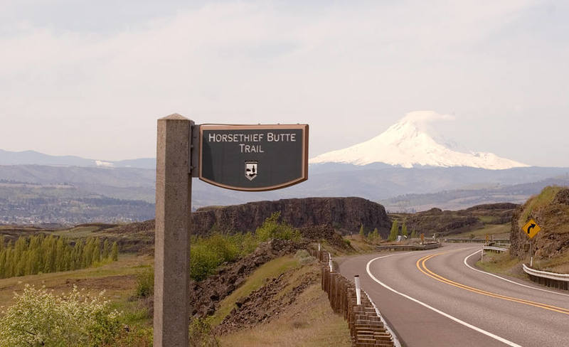 The trailhead sign, looking Southwest. Mt. Hood in the background.