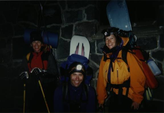 First time summiting Mt. Shasta, shot taken after snowboarding down.  Judy, Jeff & Tammy.