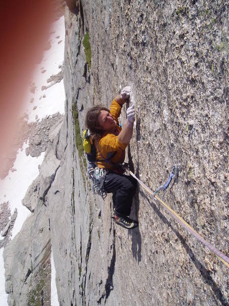 Jim B. crimping down on Spear Me the Details, this is the 5.11b pitch.