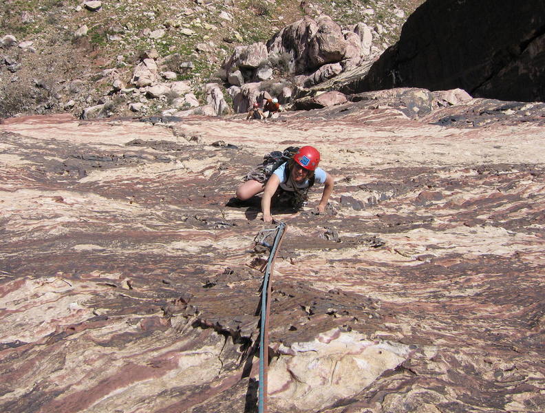 Sharon Vinick on the featured face near the top of P4. The climbers below are at the top of P3.