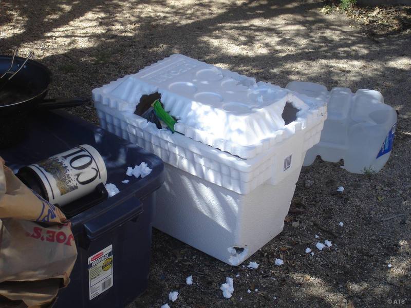 To the campground residents, a styrofoam cooler is a call for a party...crows, jays, squirrels etc all teamed up to rip this apart and emptied it's tortillas, chocolate and shrimp etc in about a 1/2 hour... 