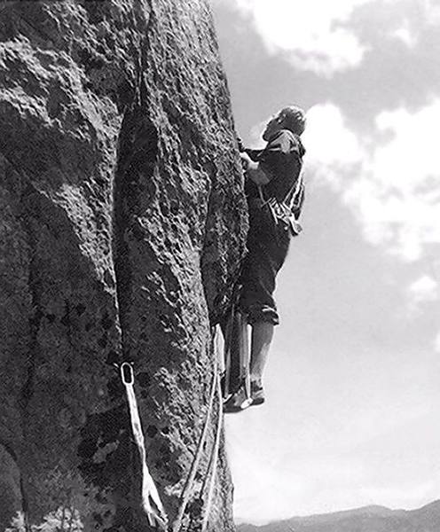 Starting the 3rd pitch out of the "Bay Window" on the first ascent, June 12, 1962.