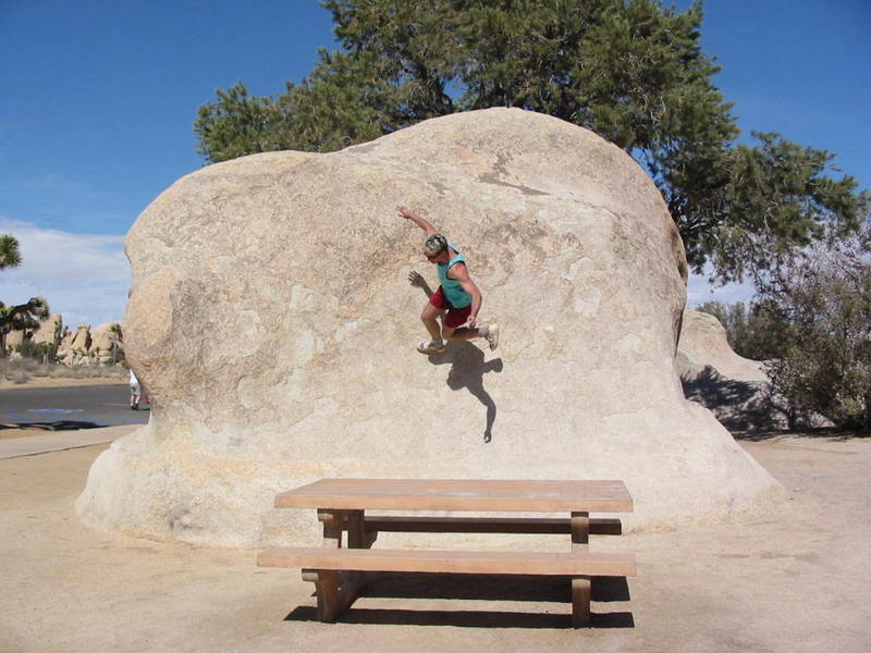 A rock in the Turtle Rock picnic area that was just too sloper to climb normally. There is a film of the end of this horse-play at:<br>
http://www.mattygetshigh.com/jtree2002/jtree%20012.avi<br>
<br>